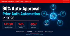 Prior Authorization automation in 2026 — $14.6B admin burden, 63% fewer denials with AI, CMS FHIR API mandate by 2027.